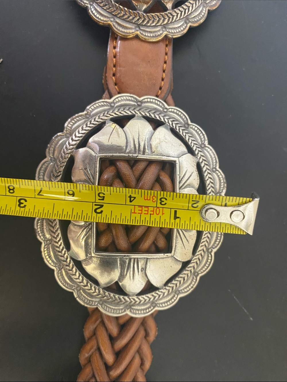 1990s vintage Braided Brown Leather Concho Belt with Silver-Tone Medallions - Picture 4 of 5